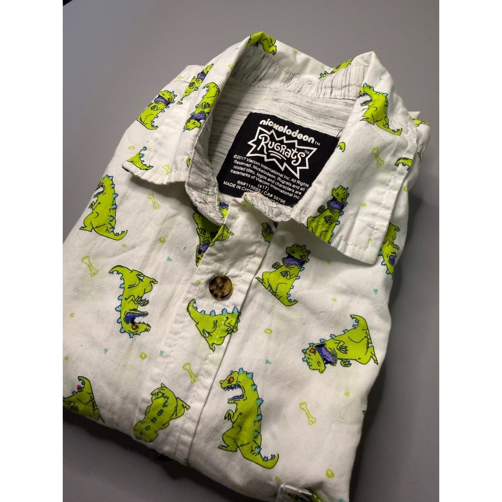 Nickelodeon Rugrats Reptar Mens Button Down Shirt White All Over Print Small